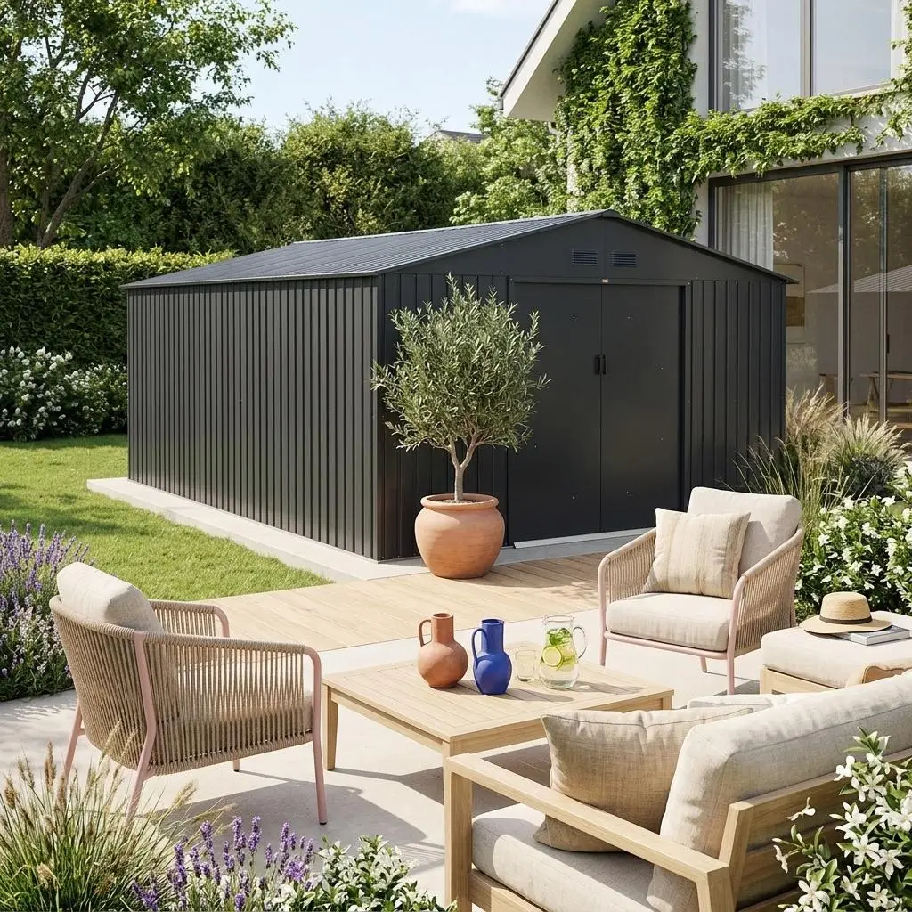 Abri de jardin acier galvanisé 15,35m² avec kit d'ancrage