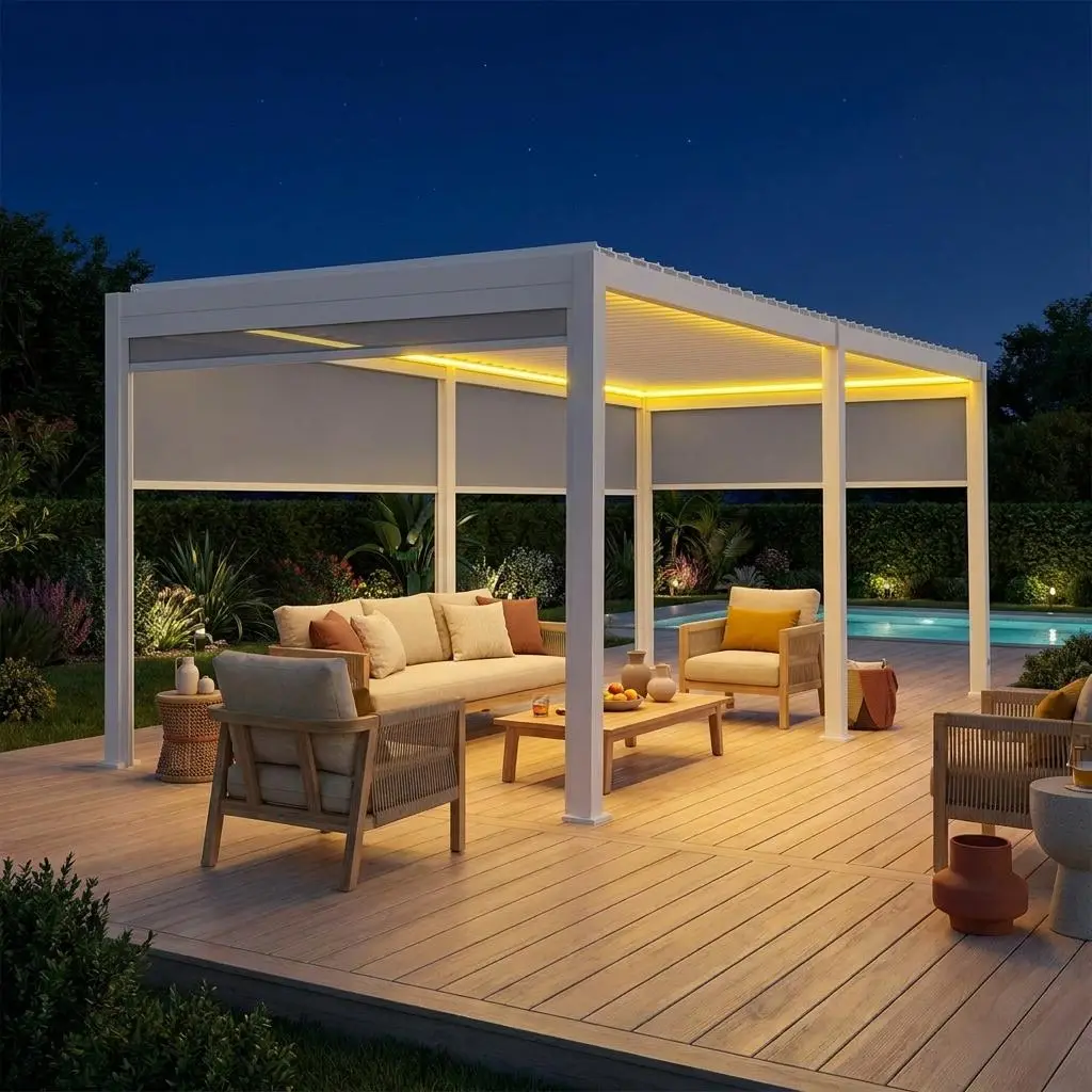 Pergola bioclimatique motorisée aluminium 6x3m LED + 4 stores 3m Triomphe