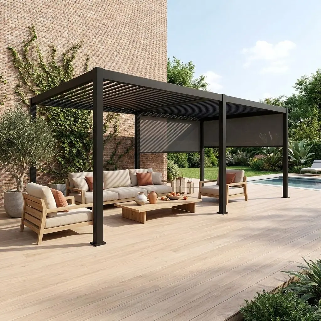 Pergola bioclimatique aluminium 6x3m + 2 stores 3m Triomphe