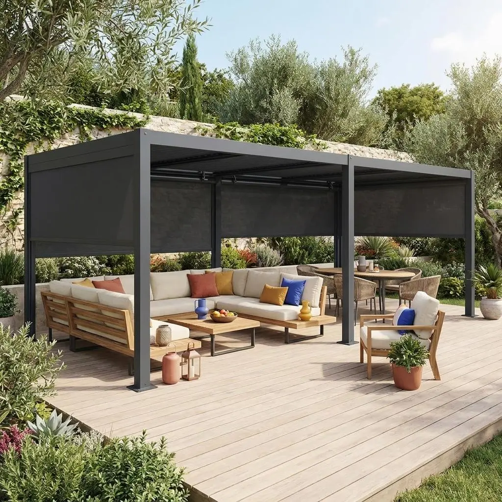 Pergola bioclimatique aluminium et acier 6x3m + 4 stores 3m Palace