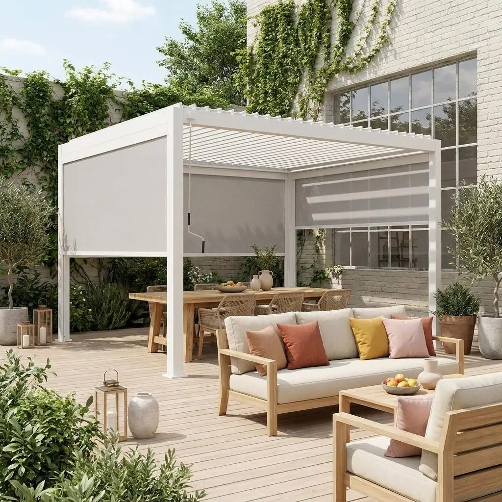 Pergola bioclimatique aluminium 4x3m + 2 stores 3m + 1 store 4m Triomphe