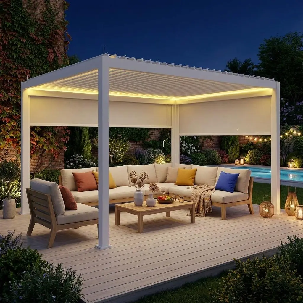 Pergola bioclimatique aluminium motorisée 4x3m LED + store 3m store 4m Triomphe